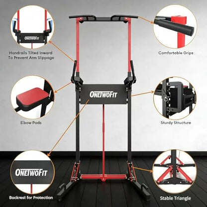 ONETWOFIT Foldable Power Tower Pull Up Bar Dip Station, Multi-Function Adjustable Height, Strength Training, 400LBS/600LBS Capacity