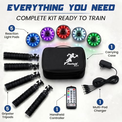 Reflexx RLT 2.1 Reaction Training Lights – Improve Reaction Time, Coordination & Focus – Adjustable Speed, Random Mode, Brightness & Sound Control – for Fitness, Rehab, Seniors & Athletes - style: + with Gripster TriPod