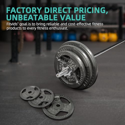 Fitvids Cast Iron Standard Weight Plates Including 5FT Standard Barbell with Star Locks, 45-Pound Set (35 Pounds Plates + 10 Pounds Barbell), Multiple Styles - style: Style #1