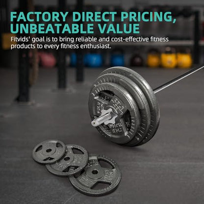 Fitvids Cast Iron Standard Weight Plates Including 5FT Standard Barbell with Star Locks, 45-Pound Set (35 Pounds Plates + 10 Pounds Barbell), Multiple Styles - style: Style #1