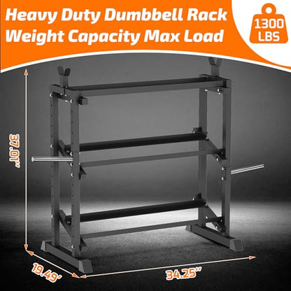 PLKOW Adjustable 3-Tier Dumbbell Rack with Barbell & Weight Plate Storage for Home Gym, Heavy Duty Steel Weight Rack Stand, Angle Height Width Adjustable Gym Organizer