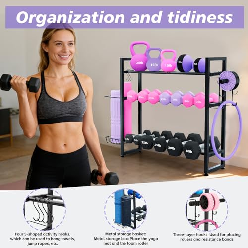 3-Tier Dumbbell Rack with 882 LBS Capacity, Multi-Purpose Weight Rack for Home Gym with Shelf and Movable Hooks, Weight Holder and Home Gym Storage Organizer for Dumbells Kettlebells Yoga Mat