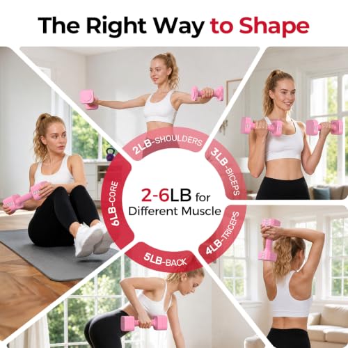 FEIERDUN DB3 5-in-1 Adjustable Dumbbell Set, 6LB/10LB Pair Adjustable Weights for Women at Home, Dual Locking Stable Hand Weights with TPU Soft Handle, Home Gym, Rehab, Pilates, Yoga, Strength Training - color: B-Cute Pink, style: 6LBS Pair (12LBS Total)