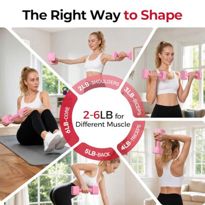FEIERDUN DB3 5-in-1 Adjustable Dumbbell Set, 6LB/10LB Pair Adjustable Weights for Women at Home, Dual Locking Stable Hand Weights with TPU Soft Handle, Home Gym, Rehab, Pilates, Yoga, Strength Training - color: B-Cute Pink, style: 6LBS Pair (12LBS Total)