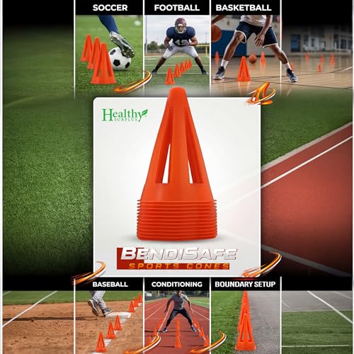 Healthy Surplus Soccer Training Markers (12) - Flexible Agility Markers for Soccer, Football, Hockey & Basketball Drills - High Visibility Orange Field Markers - Made in USA - BendiSafe