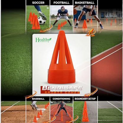 Healthy Surplus Soccer Training Markers (12) - Flexible Agility Markers for Soccer, Football, Hockey & Basketball Drills - High Visibility Orange Field Markers - Made in USA - BendiSafe