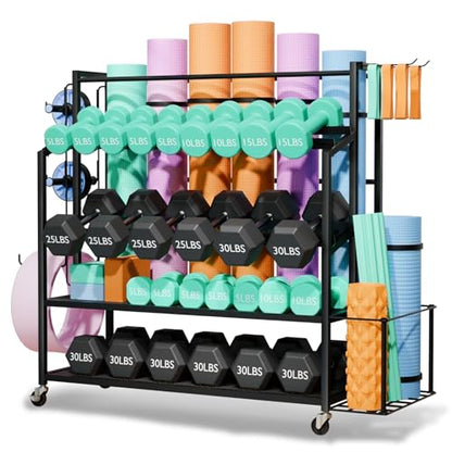 XL Dumbbell Rack Weight Stand - Upgraded 4-Tier Adjustable Weight Rack for Dumbbells, Home Gym Storage Rack for Yoga Mat Kettlebells, Workout Equipment Storage Organizer With Wheels and Hooks
