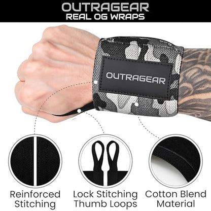 18" OG-Grade Wrist Wraps for Weightlifting – Heavy Duty Wrist Support with Thumb Loop & Lockdown Strap – Wrist Straps for Powerlifting, Bench Press & Gym Training - color: Camo grey