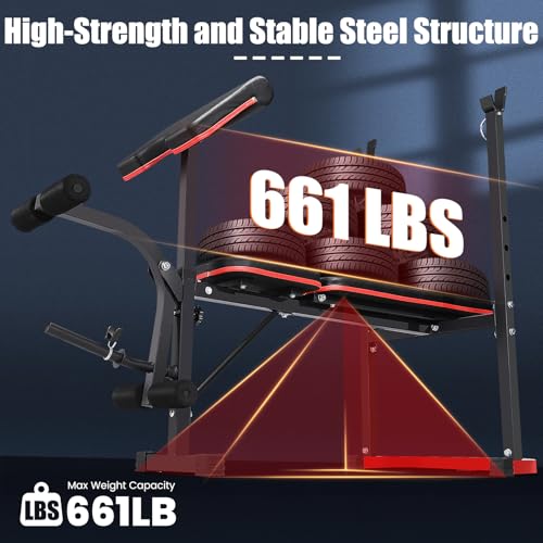 OPPSDECOR 661LBS Weight Bench Set, 8 in 1 Adjustable Bench Press with Squat Rack Leg Extension & Leg Curl Foldable Workout Bench with Safety Bar Catches Standard Weight Training Benches for Home Gym