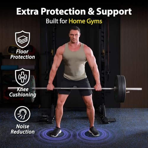 AIRHOP 1'' Ultra-Thick 24 Sq Ft Rubber Top Gym Flooring for Home Gym, 6 Tiles High Density EVA Foam Exercise Mats, Interlocking Puzzle Mats for Home Workout, Floor & Equipment Protection, Black/Blue