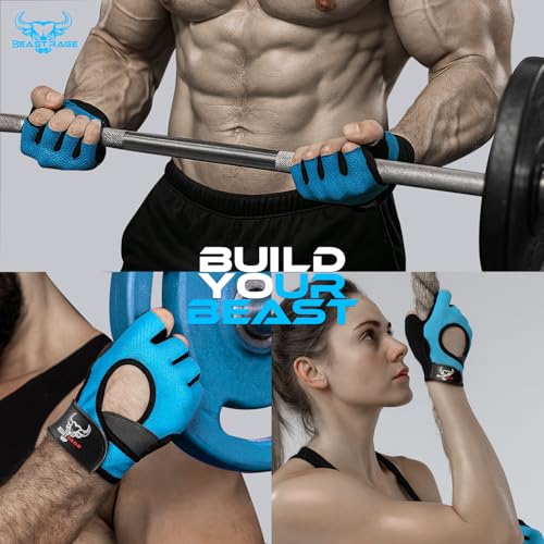 BEAST RAGE Fingerless Weight Lifting Gloves with Palm Protection Padding, Breathable Lightweight Gym Gloves for Men, Women, Weightlifting, Cycling, Exercise, Training Pull Up - color: Aqua, size: Medium