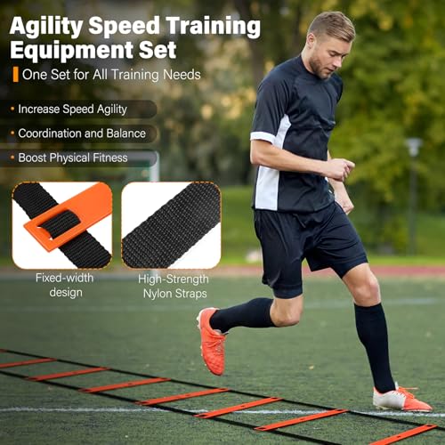 Agility Ladder Speed Training Equipment Set, Kids Soccer Goals for Backyard Set, 20ft Agility Ladder,12 Soccer Cones,4 Hurdles, Jump Rope, Running Parachute, Basketball Football Soccer Training Equipm