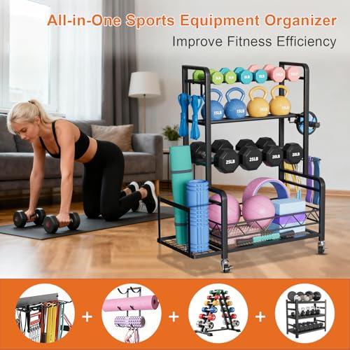 Dumbbell Rack, Adjustable Weight Rack for Home Gym, Metal Weight Stand for Dumbbells, Kettlebells, Yoga Gear, Multipurpose Workout Equipment Storage with 4 Wheels, Basket, Hooks, Black