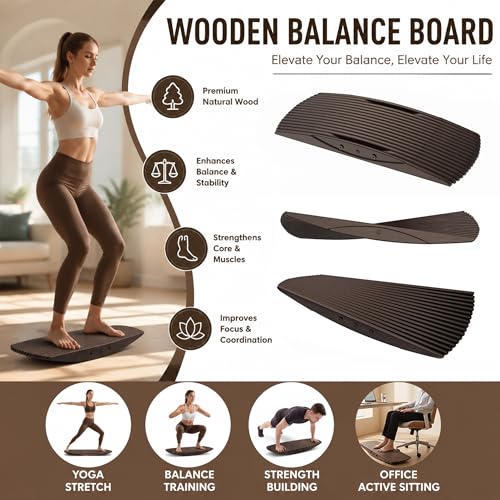 Wooden Balance Board 440Lbs - Anti-Fatigue Rocker Board for Standing Desk, 3D Curve Design for Core Strength & Physical Therapy, Balance Trainer for Surfing or Skateboarding