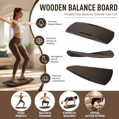 Wooden Balance Board 440Lbs - Anti-Fatigue Rocker Board for Standing Desk, 3D Curve Design for Core Strength & Physical Therapy, Balance Trainer for Surfing or Skateboarding