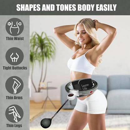 U5 Smart Weighted Hula Hoop with Counter, Waist Trimmer & Wash Bag –16 Knots, 28"–46" Adjustable Infinity Hoop Plus Size, Quiet Rubberized Wheels, Abdominal Toner - color: Gray + Waist Trimmer