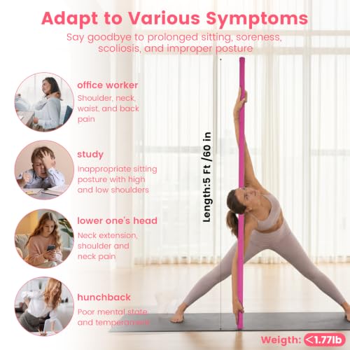 Yoga Stick Sturdy Steel, 5 Ft Adjustable Stretching Stick for Mobility, Flexibility and Balance, Versatile Exercise Stick with Non-Slip Ends and Foam Handles for Fitness, and Posture - color: pink