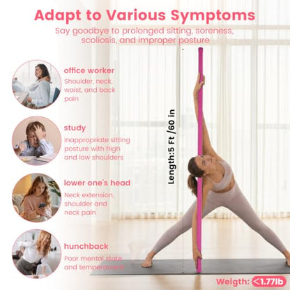 Yoga Stick Sturdy Steel, 5 Ft Adjustable Stretching Stick for Mobility, Flexibility and Balance, Versatile Exercise Stick with Non-Slip Ends and Foam Handles for Fitness, and Posture - color: pink