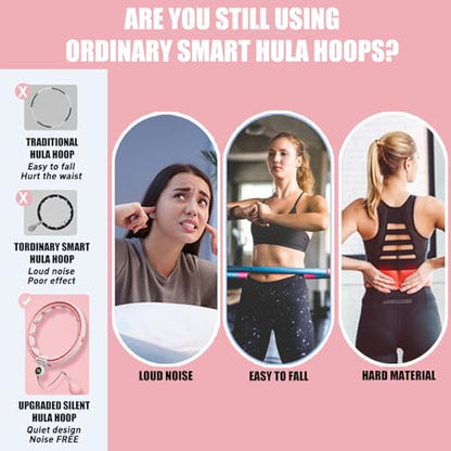 U5 Smart Weighted Hula Hoop with Counter, Waist Trimmer & Wash Bag –16 Knots, 28"–46" Adjustable Infinity Hoop Plus Size, Quiet Rubberized Wheels, Abdominal Toner - color: Pink + Waist Trimmer