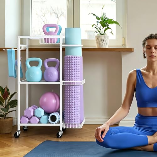 Workout Equipment Storage Rack Metal Yoga Mat Storage Rack, Weight Cart Home Gym Storage Rack with Wheels for Dumbbells, Yoga Mats, Kettlebells, Foam Rollers