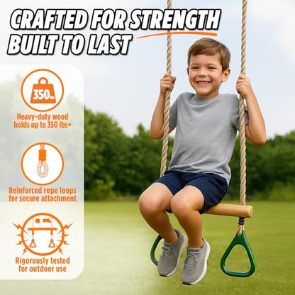 Wooden Trapeze Swing Bar for Kids - 18" Adjustable Height Monkey Bars Rings Swingset Accessories - Ninja Warrior Obstacle Course for Kids - Jungle Gym Accessories Playground Attachments