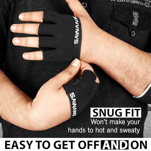 SAWANS Nonslip Workout Gloves for Men & Women, Weightlifting, Gym, Exercise, Fitness, Black, Minimalist, Finger Protectors, Half Finger Glove, Ambidextrous, Adjustable - size: Large