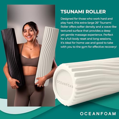 Tsunami Roller (Natural) - Extra-Large, 26" x 5.9" - Soft, Textured Foam Roller for Physical Therapy, Back Pain, Exercise & Stretching - Wave Textured - Yoga, Athletics, & Wellness