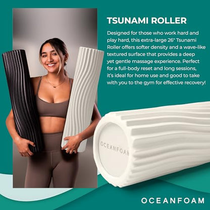 Tsunami Roller (Natural) - Extra-Large, 26" x 5.9" - Soft, Textured Foam Roller for Physical Therapy, Back Pain, Exercise & Stretching - Wave Textured - Yoga, Athletics, & Wellness