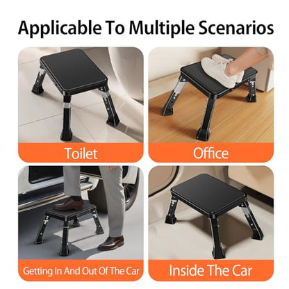 Foldable RV Step Stool, Adjustable Height 6.7-9.1in,Heavy Duty Metal Step Ladder with Wide Non-Slip Platform, Portable for Camping Home Office Use,Single Step Stool Supports 500lbs（Black）