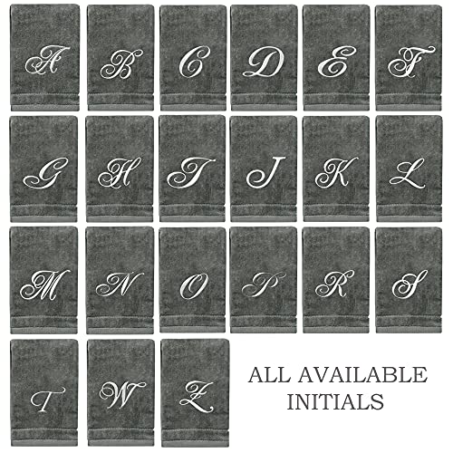 Monogrammed Towels Fingertip, Personalized Gift, 11 x 18 Inches - Set of 2- Silver Embroidered Towel - Extra Absorbent 100% Cotton- Soft Velour Finish - For Bathroom/ Kitchen/ Spa- Initial F (Gray)