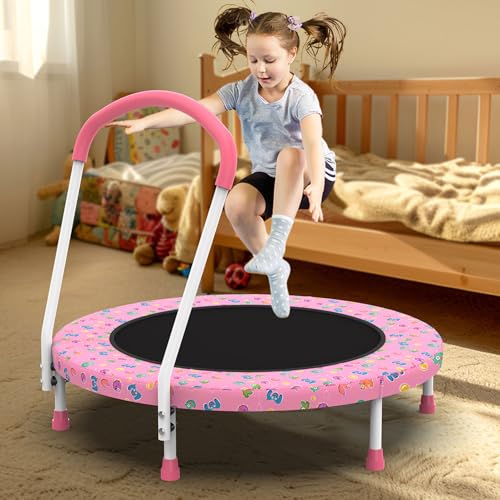 36" Kids Trampoline with Handle, Indoor Mini Trampoline for Kids, Toddlers Small Rebounder Fitness Trampoline for Indoor and Outdoor Use - color: A-Pink