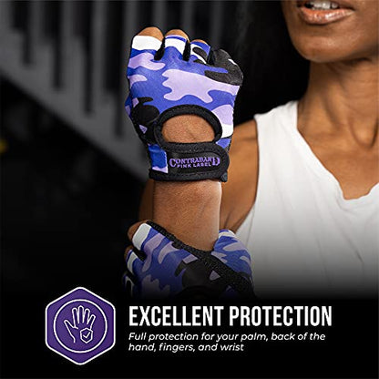 Contraband Pink Label 5217 Women's Design Series Camo Print Lifting and Rowing Gloves (Pair) - Lightweight Vegan Medium Padded Microfiber Amara Leather w/Griplock Silicone - color: Purple, size: Small