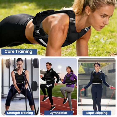 Adjustable Weight Vest for Men & Women, 4-10LBs/11-20LBs with 6 Weight Pags, Pockets & Reflective Strip for Running, Strength Training, Fat Loss & Body Sculpting