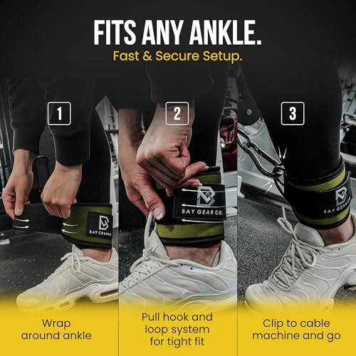 Bay Gear Co. Ankle Straps – Strong Hook and Loop System & Neoprene Padded for Cable Machine Glute Workouts, Slick Black Stainless Steel D Ring, Adjustable Fit, Different Design, Single/Pair.