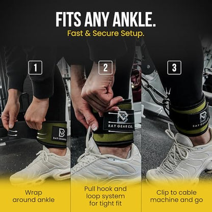 Bay Gear Co. Ankle Straps – Strong Hook and Loop System & Neoprene Padded for Cable Machine Glute Workouts, Slick Black Stainless Steel D Ring, Adjustable Fit, Different Design, Single/Pair.