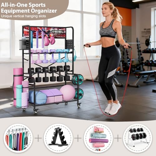 Heavy Duty Dual-Row Dumbbell Rack with Wheels, Home Gym Vertical Storage Stand with Yoga Mat Storage, Space Saving Fitness Equipment Organizer for Home Workout