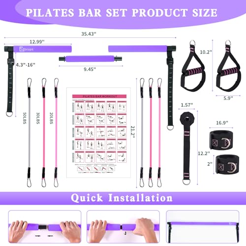 Pilates Bar Kit with Resistance Bands,Pilates Bar with Stackable Bands Workout Equipment for Legs,Hip,Waist and Arm,Exercise Fitness Equipment for Women & Men Home Gym Yoga Pilates - color: Dark Purple