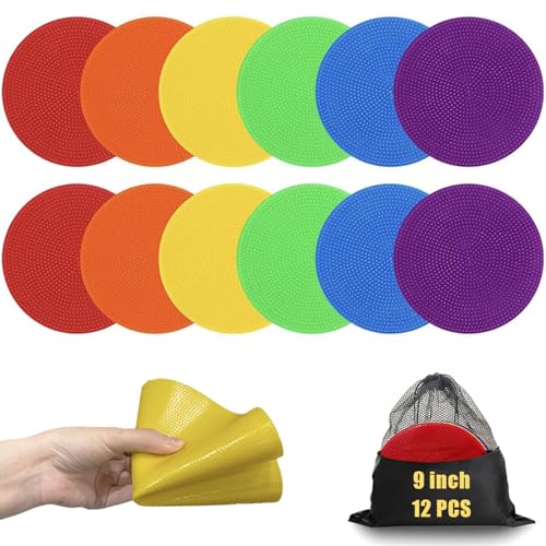 Spot Markers for Sports 9 Inch, 12 Pack, Non Slip Rubber Agility Poly Spots Marker Field Flat Cone for Kids Soccer Basketball Speed Training Outdoor Classroom
