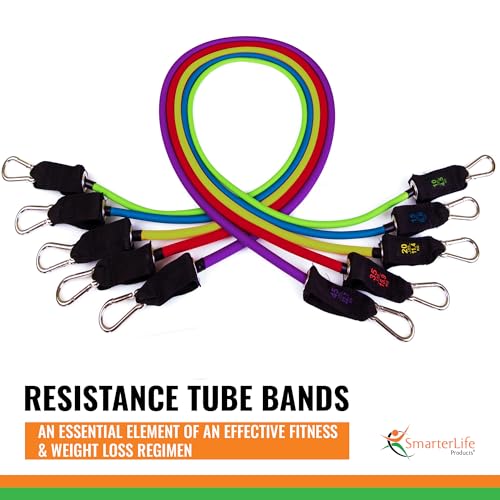 SmarterLife Resistance Bands with Handles, Physical Therapy Strap, Exercise Band to Tone Arms, Legs, Chest, Booty - 5 Exercise Bands with Handles, Ankle Straps, No-Slip Door Anchor, Storage Bag