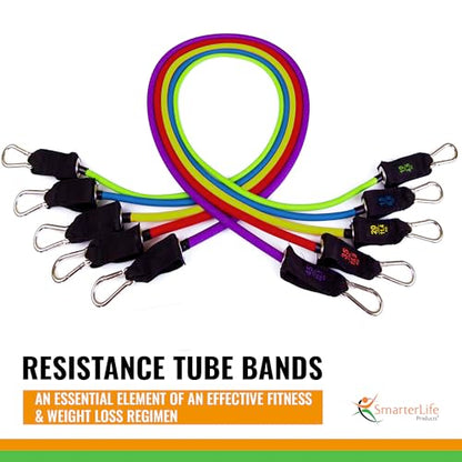 SmarterLife Resistance Bands with Handles, Physical Therapy Strap, Exercise Band to Tone Arms, Legs, Chest, Booty - 5 Exercise Bands with Handles, Ankle Straps, No-Slip Door Anchor, Storage Bag