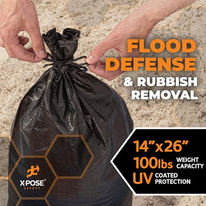 Xpose Safety Heavy Duty Sand Bags with Tie Strings – Empty Woven Polypropylene Sandbags for Hurricane Flood Protection, 100 lb Capacity, 14" x 26", Black, Pack of 500 - color: Black, size: 1 Count (Pack of 500)