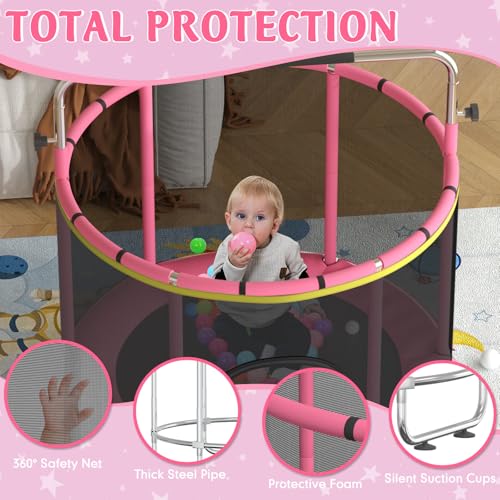 Trampoline for Kids, 55" Indoor & Outdoor Toddler Trampoline, Anti-Rollover Bottom Kids Toys with Adjustable Gymnastics Bars, Toddler Swing, Basketball Hoop