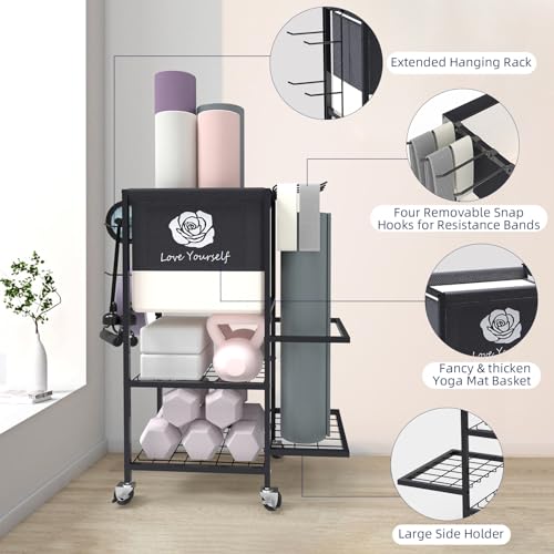 Multi-Functional Home Gym Storage Rack,All-in-One Weight Rack,Yoga Mat Foam Rollder Holder with Wheels and Side Holder - color: Black