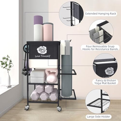 Multi-Functional Home Gym Storage Rack,All-in-One Weight Rack,Yoga Mat Foam Rollder Holder with Wheels and Side Holder - color: Black