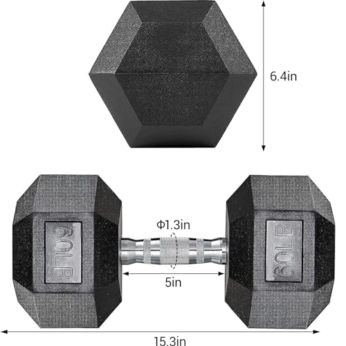 LIFERUN Single Dumbbell Rubber Coated Cast Iron Hex Black Dumbbell Free Weights, 30-85lb