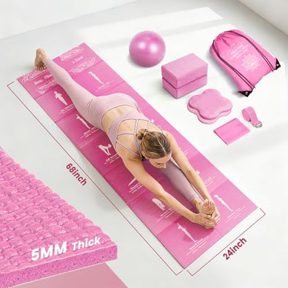 Foldable Yoga Mat and Blocks Set for Women with 2 Pack Yoga Blocks and Strap,Thin Non Slip Pilates Mat with Bag, Home Workout Equipment Essentials Starter Kit for Beginners Full Body Toning - color: Pink