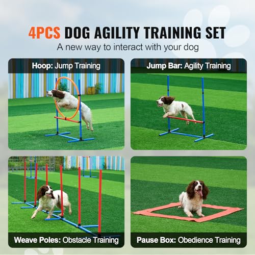 Happybuy Dog Agility Training Equipment, 4 PCS Set with Adjustable High Hurdles,6 Weave Poles,Jump Ring,Square Pause Box,Whistle,Foldable Bowl, Puppy Obstacle Course Kit for Backyard, Indoor, Outdoor