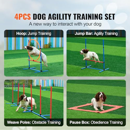Happybuy Dog Agility Training Equipment, 4 PCS Set with Adjustable High Hurdles,6 Weave Poles,Jump Ring,Square Pause Box,Whistle,Foldable Bowl, Puppy Obstacle Course Kit for Backyard, Indoor, Outdoor