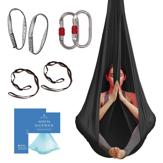 Aerial Silk Yoga Hammock & Swing for Home, Inversion Exercises, Starter Kit for All Levels - Durable with Extension Straps, Carabiners, and Pose Guide - color: Black, size: 4.5 yards
