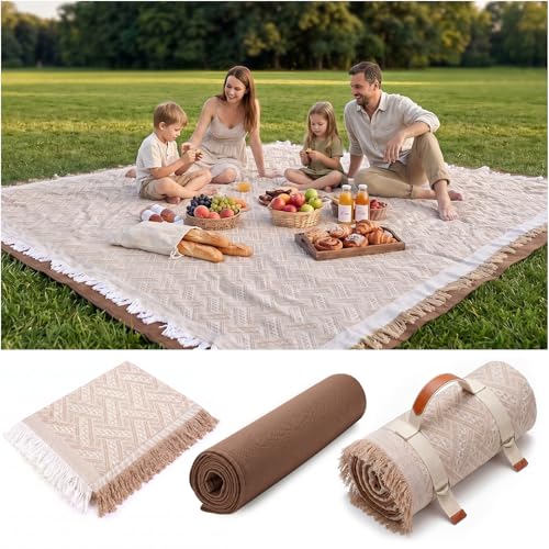 Genovega 2 in 1 Extra Large Rug Outdoor Picnic Blanket Waterproof Woven Boho Mat Giant Beach Towel Travel Essential Yoga Accessories Park Patio Lawn Garden Ground Music Festival Concert Must Have